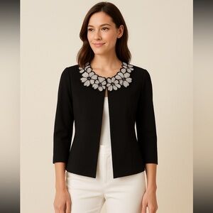 Anne Klein open front jacket 3/4 sleeves 3-D flower appliqué black Medium
